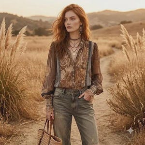 May include: A long-sleeved button-down shirt featuring a brown and tan paisley pattern with sheer fabric panels, paired with distressed grey denim jeans and a woven straw tote bag. The shirt has cuffed sleeves and a collared neckline.