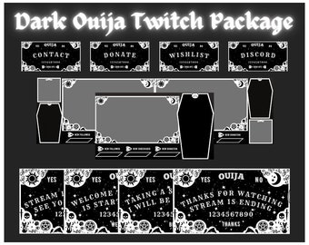 Black & White Ouija Board Mystic Goth Vibes Twitch Package | Animated Scenes, Static Stream Overlays and Panels | Twitch Bundle in English