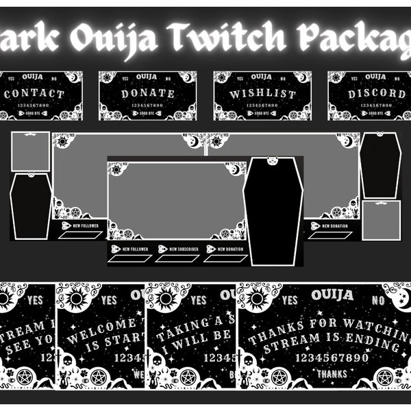 Black & White Ouija Board Mystic Goth Vibes Twitch Package | Animated Scenes, Static Stream Overlays and Panels | Twitch Bundle in English