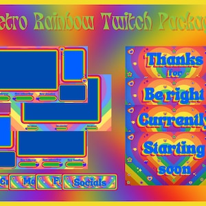 Retro Rainbow Groovy Vibes Twitch Package | Animated Scenes, Static Stream Overlays and Panels | Twitch Bundle in English