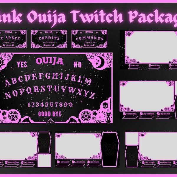 Pink & Black Ouija Board Mystic Goth Vibes Twitch Package | Animated Scenes, Static Stream Overlays and Panels | Twitch Bundle in English