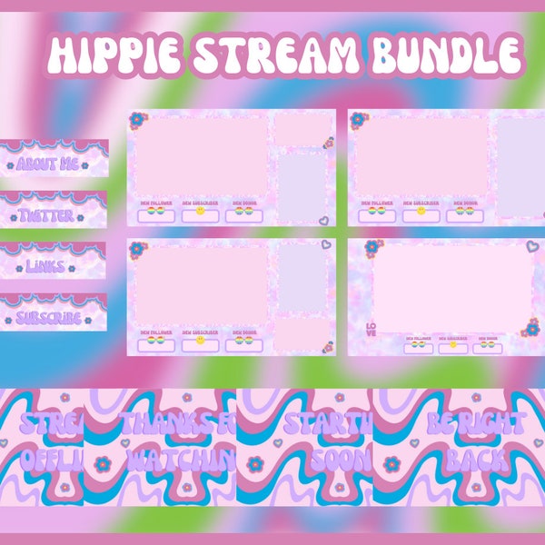 Hippie Groovy Pink Tie-dye Twitch Package | Animated Scenes, Static Stream Overlays and Panels | Twitch Bundle in English