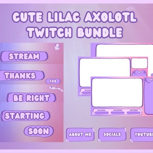 Süßes Kawaii Lavander/Lila Axolotl Twitch Paket | Animierte Szenen, Static Stream Overlays und Panels | Twitch Bundle auf Englisch