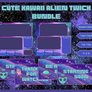 Cute Kawaii Aqua Alien Twitch Package | Blue and Purple | Animated Scenes, Static Stream Overlays and Panels | Twitch Bundle in English