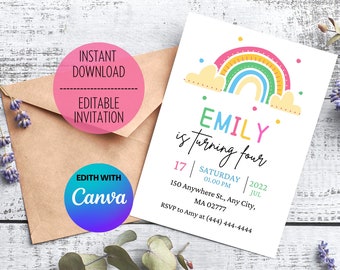 Editable Rainbow Invitation, Rainbow Birthday Invitation, Party Printable Invitation, birthday invitation