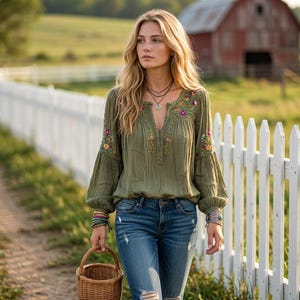 Puede incluir: Una blusa de manga larga color verde oliva con escote dividido y bordados florales coloridos en el pecho y las mangas, combinada con jeans azules desgastados y una cesta de mimbre, decorada con collares y pulseras superpuestas.