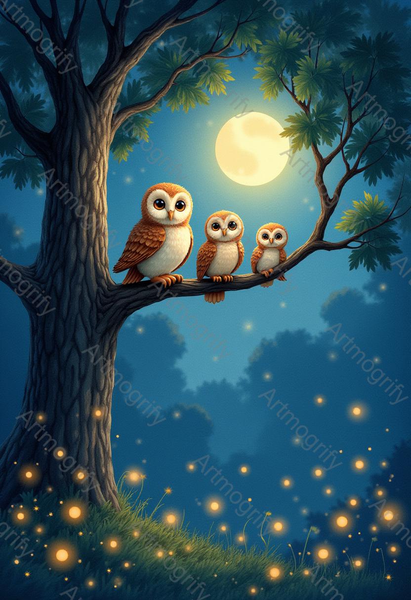 Night Owl Family Printable Wall Art | Cozy Treehouse Decor, Whimsical Nursery | Gift for Owl Lovers