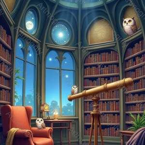 May include: A library room with a domed ceiling showing a night sky with stars and a moon. Tall bookshelves line the walls, filled with books. A brass telescope stands on a tripod. Two armchairs, a small table with a candle, and three owls are present.