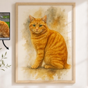 May include: Watercolor painting of a ginger cat with green eyes, set in a wooden frame. The artwork features the cat in a seated position, with a soft, textured appearance. The painting is displayed on a white wall, with a small framed photo of the cat.