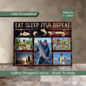 May include: A personalized gallery-wrapped canvas with the text "EAT SLEEP FISH REPEAT" and several framed photos of people fishing. The background features a design reminiscent of the American flag, with wooden fish cutouts.