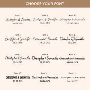 May include: A beige graphic with the text "CHOOSE YOUR FONT" at the top. Below are 12 font options displaying the names "Christopher & Samantha" and the date "08-26-1975" in various styles, suitable for personalized designs.