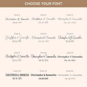 Puede incluir: Gr&aacute;fico beige con 12 opciones de fuente. Cada fuente muestra los nombres "Christopher & Samantha" y la fecha "08-26-1975". El texto "CHOOSE YOUR FONT" est&aacute; en la parte superior, ideal para dise&ntilde;os personalizados.