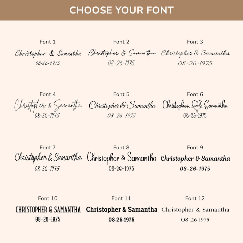 Puede incluir: Gr&aacute;fico beige con 12 opciones de fuente. Cada fuente muestra los nombres "Christopher & Samantha" y la fecha "08-26-1975". El texto "CHOOSE YOUR FONT" est&aacute; en la parte superior, ideal para dise&ntilde;os personalizados.