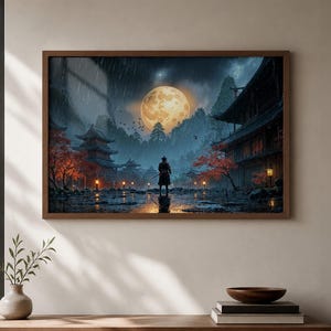 May include: A framed print depicting a samurai standing in a rainy Japanese landscape. The scene features traditional buildings, illuminated lanterns, and a large, glowing moon. The color palette includes shades of blue, orange, and brown.