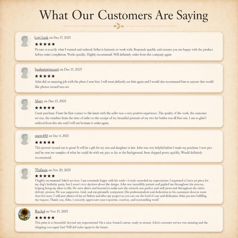 May include: A beige-toned graphic featuring customer testimonials. The text reads "What Our Customers Are Saying" above several reviews with star ratings. Each review includes the customer's name and date, with detailed feedback on the product and service.