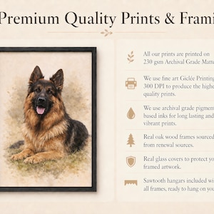 Puede incluir: Impresi&oacute;n enmarcada con un perro pastor alem&aacute;n al estilo acuarela, en un marco negro. La imagen incluye el texto "Premium Quality Prints & Framing".