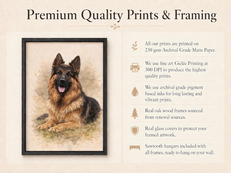 Puede incluir: Impresi&oacute;n enmarcada con un perro pastor alem&aacute;n al estilo acuarela, en un marco negro. La imagen incluye el texto "Premium Quality Prints & Framing".