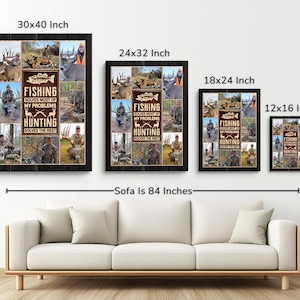 May include: A framed wall art set featuring a collage of hunting and fishing imagery. The artwork includes the text "FISHING SOLVES MOST OF MY PROBLEMS, HUNTING SOLVES THE REST." The largest frame measures 30x40 inches.