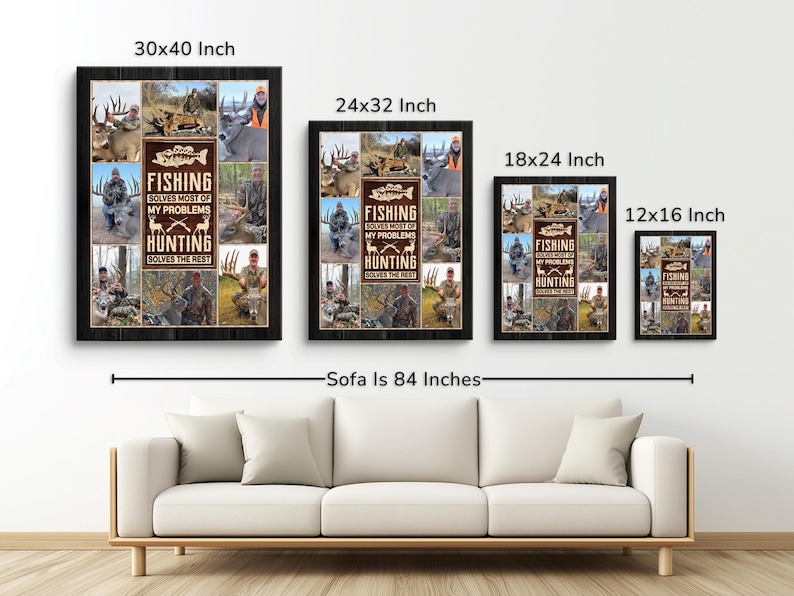 May include: A framed wall art set featuring a collage of hunting and fishing imagery. The artwork includes the text "FISHING SOLVES MOST OF MY PROBLEMS, HUNTING SOLVES THE REST." The largest frame measures 30x40 inches.