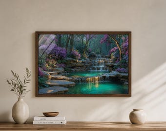 Cherry Blossom Art Wall Decor Living Room Zen Design Nature Inspired Japanese Style Waterfall Painting Purple Flower Meditation Space Wall