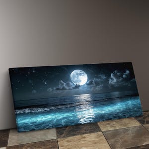 Moonlight Art Maritime Style Canvas Moon Ocean Scene Night Water View Gallery Wrapped Art Beach House Collection Multiple Size Options Available Living Room Bathroom Display UV Protected Print Coastal Theme Seascape Reflection