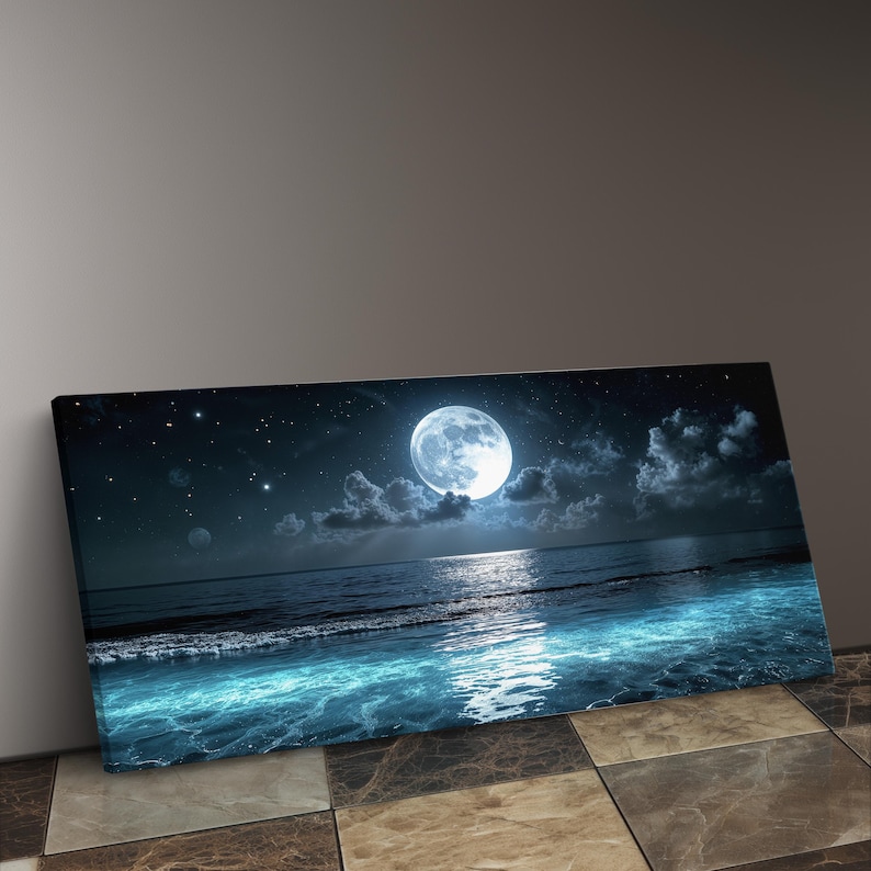 Moonlight Art Maritime Style Canvas Moon Ocean Scene Night Water View Gallery Wrapped Art Beach House Collection Multiple Size Options Available Living Room Bathroom Display UV Protected Print Coastal Theme Seascape Reflection
