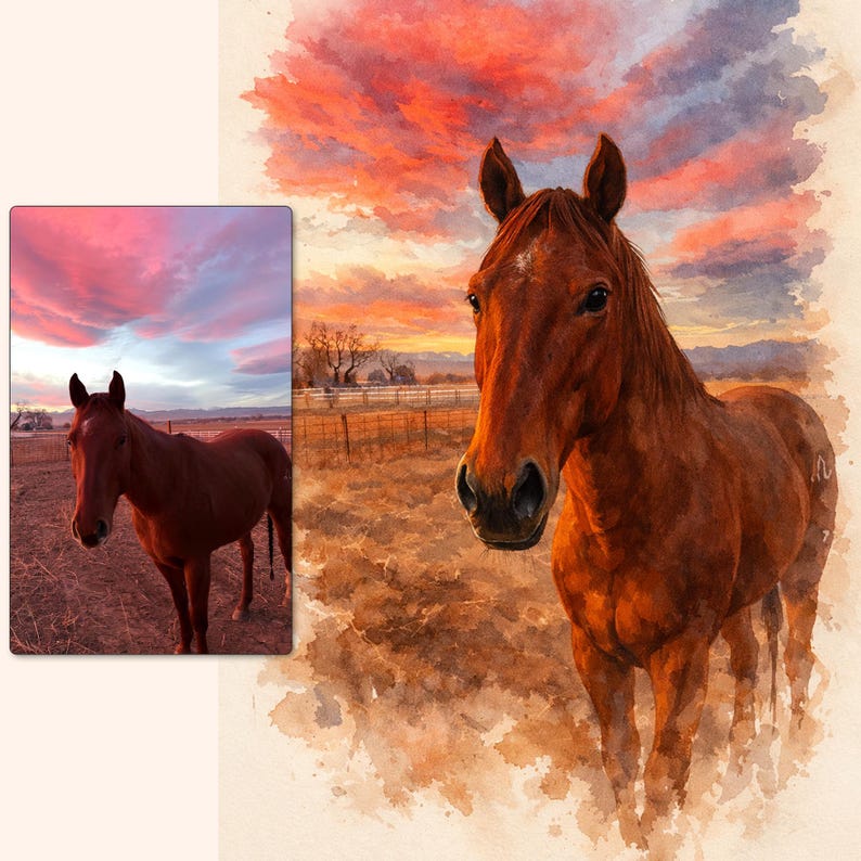 Puede incluir: Una pintura de acuarela de un caballo marr&oacute;n en un campo bajo una vibrante puesta de sol. El cielo est&aacute; lleno de tonos de rosa, naranja y morado. Una imagen m&aacute;s peque&ntilde;a del caballo en un campo est&aacute; en la esquina superior izquierda.