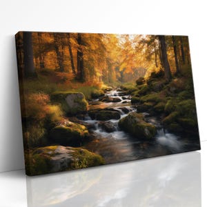 Herbst flüsternd Strom Wandkunst | Herbst Wald Wohn Dekor Leinwand | Wald Fluss Wanddekor | Einweihungsgeschenk oder Jubiläumsgeschenk