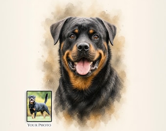 May include: A digital watercolor portrait of a Rottweiler dog with black and tan fur, featuring a soft-focus background. A small inset box in the lower left corner displays a full-body photo of the same dog with the text YOUR PHOTO below it.