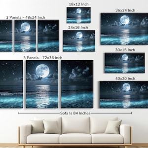 Puede incluir: Impresiones art&iacute;sticas en lienzo que representan una serena escena oce&aacute;nica bajo la luna llena. Se muestran varios tama&ntilde;os, incluyendo un conjunto de 3 paneles de 122x61 cm y otro de 183x91 cm. Otros tama&ntilde;os incluyen 46x30, 61x41, 76x38, 91x61 y 102x51 cm.
