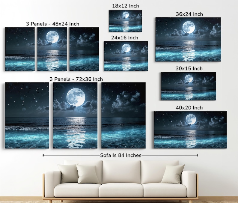 Puede incluir: Impresiones art&iacute;sticas en lienzo que representan una serena escena oce&aacute;nica bajo la luna llena. Se muestran varios tama&ntilde;os, incluyendo un conjunto de 3 paneles de 122x61 cm y otro de 183x91 cm. Otros tama&ntilde;os incluyen 46x30, 61x41, 76x38, 91x61 y 102x51 cm.