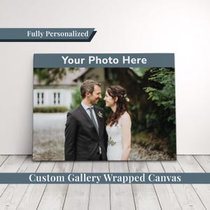 May include: A custom gallery-wrapped canvas print featuring a wedding photo of a smiling couple. The canvas has the text "Your Photo Here" and "Fully Personalized" in the top banner, and "Custom Gallery Wrapped Canvas" in the bottom banner.