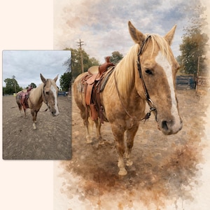 Puede incluir: Un caballo de color canela con una raya blanca en la cara, con una silla de montar marr&oacute;n, est&aacute; en un picadero. El caballo tiene una melena y cola de color claro. La imagen tiene un efecto acuarela.