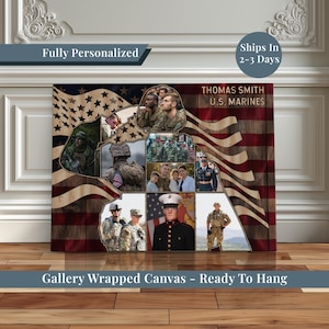 Regalo de la bandera patriótica estadounidense, collage de fotos militares, impresión en lienzo, collage de imágenes del ejército, la marina o la fuerza aérea, mamá orgullosa o esposa militar