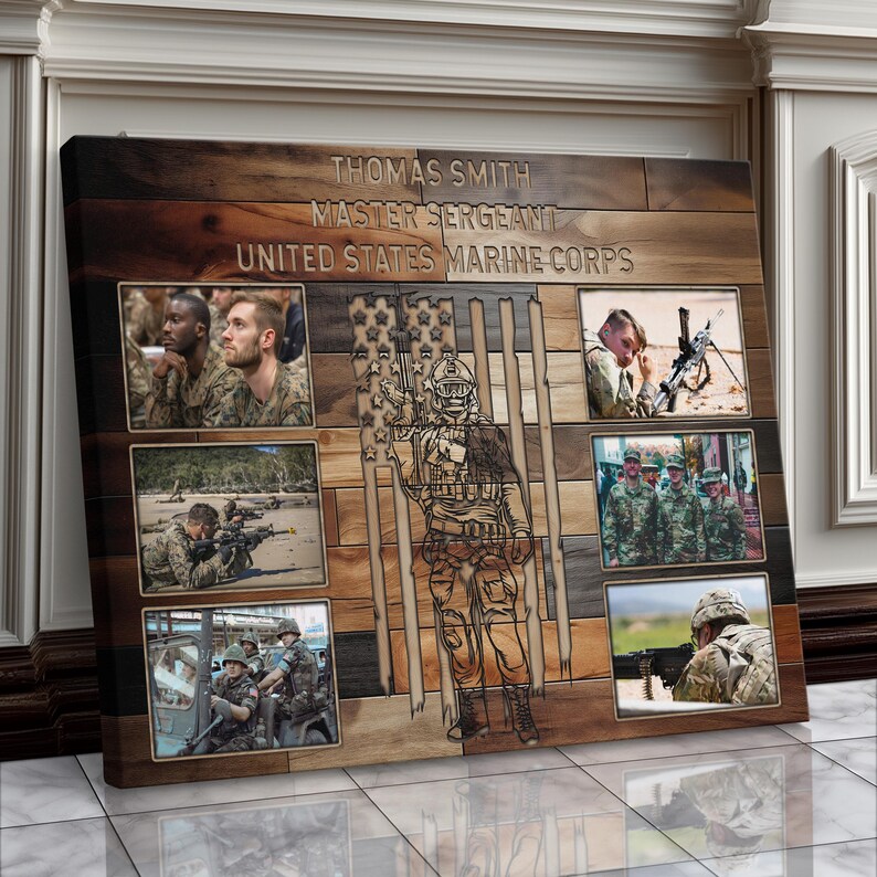 Military Family Canvas Art Custom Photo Gallery Veteran Tribute Display Premium Wall Presentation Service Member Recognition Collection Personalized Text Options American Flag Background Multiple Sizes Beautiful Patriotic Honor Gift