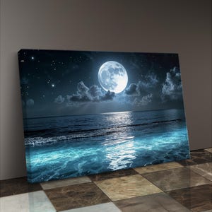 Moonlight Art Night Ocean Scene Canvas Moon Reflection Water View Gallery Wrapped Art Coastal Theme Collection Multiple Size Options Maritime Style Display Living Room Bathroom Wall Art UV Protected Print Beach House Theme Quality
