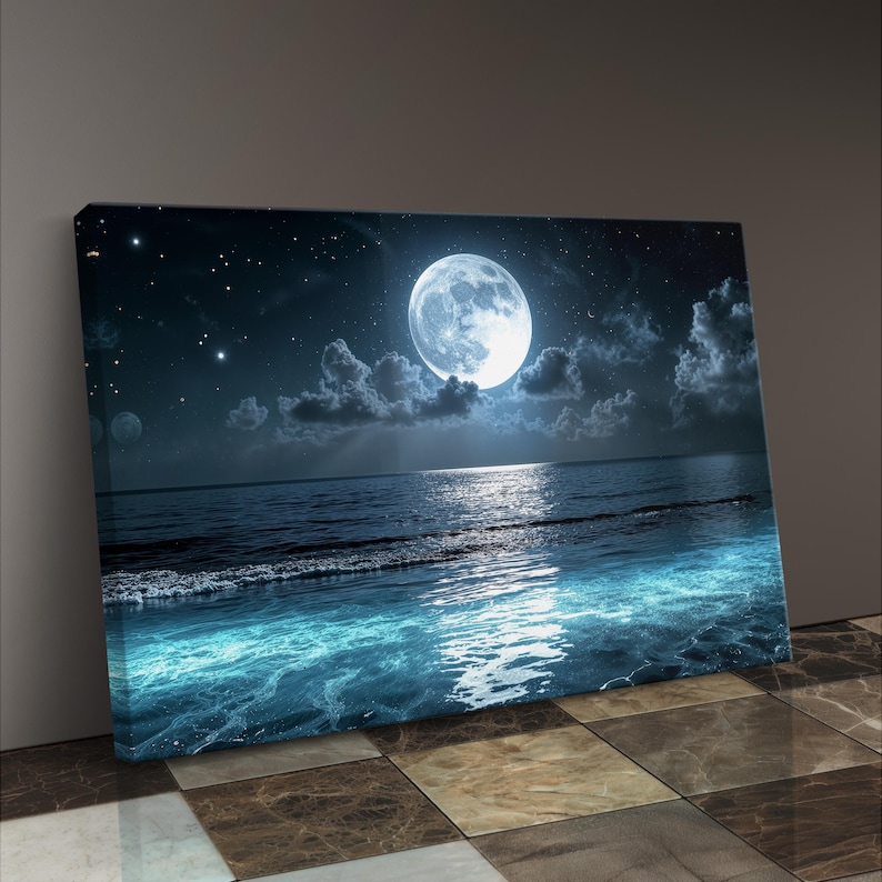 Moonlight Art Night Ocean Scene Canvas Moon Reflection Water View Gallery Wrapped Art Coastal Theme Collection Multiple Size Options Maritime Style Display Living Room Bathroom Wall Art UV Protected Print Beach House Theme Quality