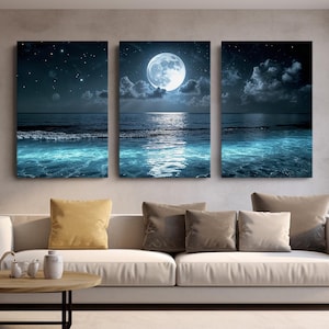 Moonlight Art Seascape Canvas Print Moon Ocean Night Scene Gallery Wrapped Art Maritime Style Collection Multiple Size Options Available Beach House Theme Living Room Bathroom Display UV Protected Construction Coastal Water View Reflection
