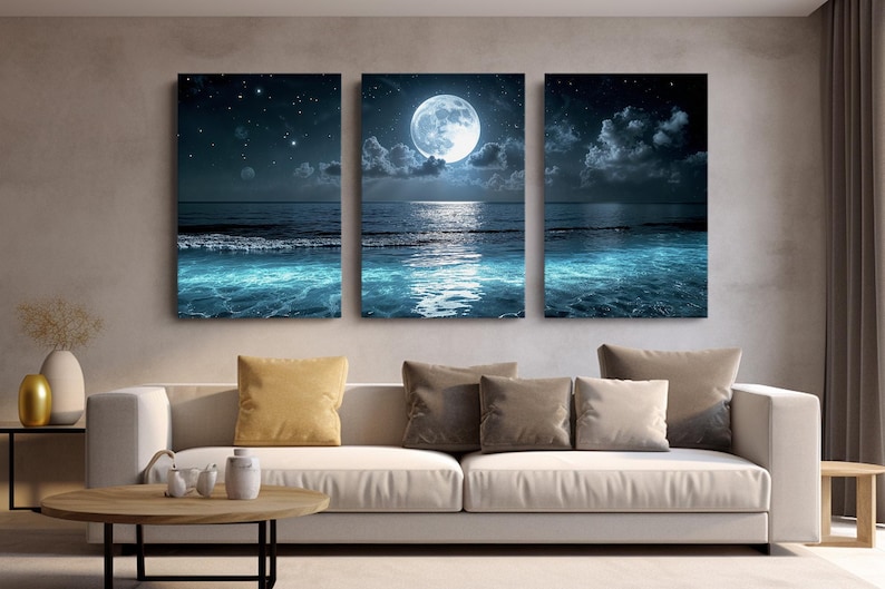 Moonlight Art Seascape Canvas Print Moon Ocean Night Scene Gallery Wrapped Art Maritime Style Collection Multiple Size Options Available Beach House Theme Living Room Bathroom Display UV Protected Construction Coastal Water View Reflection