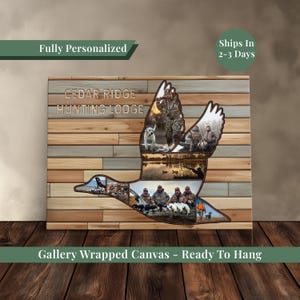 May include: A personalized gallery-wrapped canvas featuring a duck silhouette filled with hunting-themed photos. The canvas has a wooden plank background and includes the text "CEDAR RIDGE HUNTING LODGE" and "Fully Personalized".