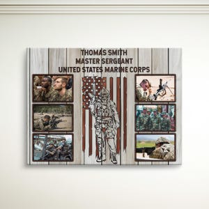 Military Canvas Art Custom Photo Display Veteran Tribute Gallery Wall Presentation Family Memory Collection Service Member Honor Premium Quality Construction American Flag Background Wood Frame Design Personalized Text Layout Multiple Size