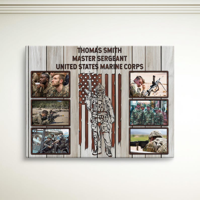 Military Canvas Art Custom Photo Display Veteran Tribute Gallery Wall Presentation Family Memory Collection Service Member Honor Premium Quality Construction American Flag Background Wood Frame Design Personalized Text Layout Multiple Size