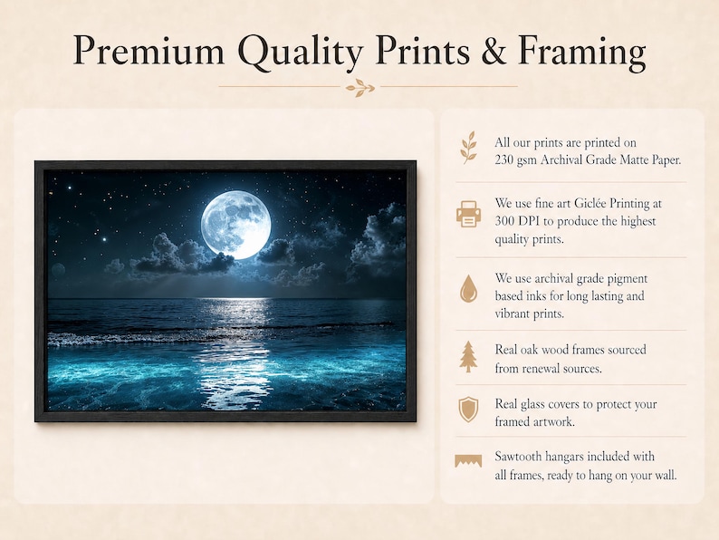 Puede incluir: Impresi&oacute;n enmarcada de una escena oce&aacute;nica iluminada por la luna. La obra presenta una luna brillante reflejada en el agua, con nubes oscuras y estrellas en el cielo nocturno. El marco es negro. El texto dice "Premium Quality Prints & Framing."