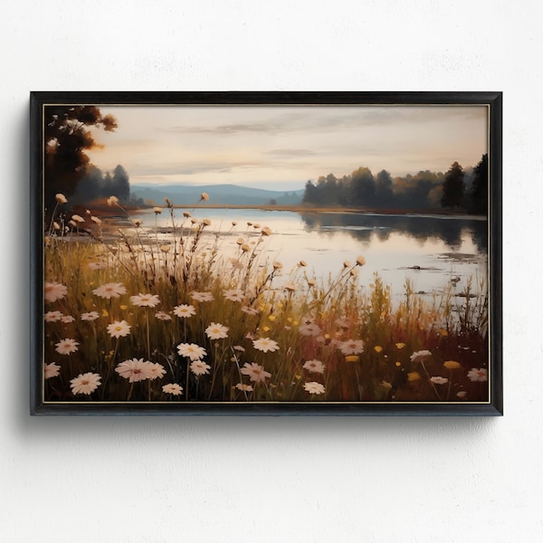 Printable Wall Art | Wild Flowers Field On A Lake Landscape Painting | Gallery Wall | Landscape Art Print| Downloadable Print | Flowers