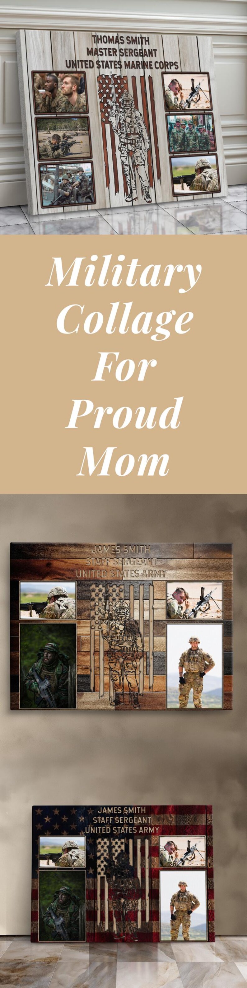 Custom Military Tribute Canvas Premium Photo Gallery Service Member Recognition Wall Art Display Family Memory Collection Personalized Text Options American Flag Background Multiple Size Choices Quality Construction Beautiful Patriotic