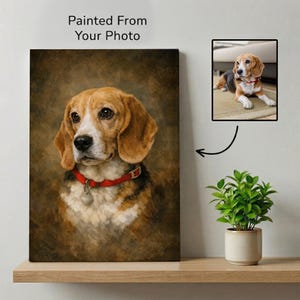 Może przedstawiać: Namalowany portret psa Beagle z brązowym, białym i czarnym futrem, noszącego czerwoną obrożę ze srebrną zawieszką. Grafika jest wyświetlana na pł&oacute;tnie z tekstem "Painted From Your Photo".