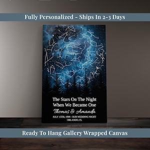 May include: A personalized canvas print featuring a star map against a dark blue sky. The text reads "The Stars On The Night When We Became One" with names and a date. Silhouetted trees are at the bottom. Ready to hang.