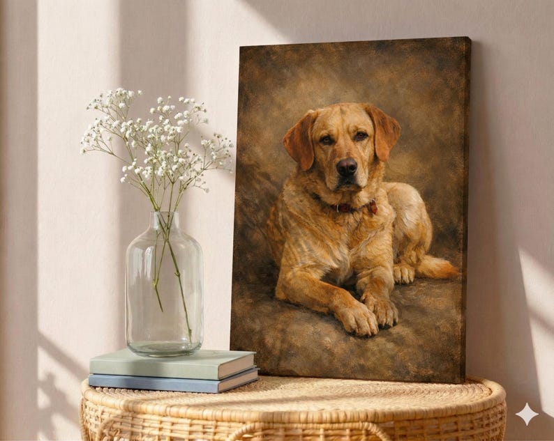 Może przedstawiać: Wydruk na pł&oacute;tnie przedstawiający złotego psa rasy Labrador Retriever. Pies leży z czerwoną obrożą na brązowym i beżowym tle. Grafika jest wystawiona na stole z wazonem białych kwiat&oacute;w i książkami.