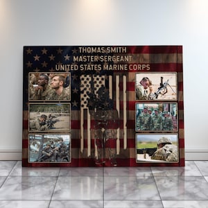 Veteran Honor Canvas Art Military Photo Display Custom Gallery Wall Presentation Family Memory Collection Service Member Tribute Premium Construction American Flag Background Wood Frame Design Multiple Size Options Beautiful Patriotic Gift
