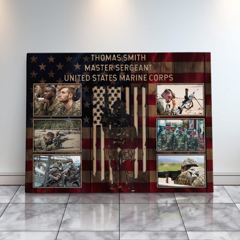Veteran Honor Canvas Art Military Photo Display Custom Gallery Wall Presentation Family Memory Collection Service Member Tribute Premium Construction American Flag Background Wood Frame Design Multiple Size Options Beautiful Patriotic Gift